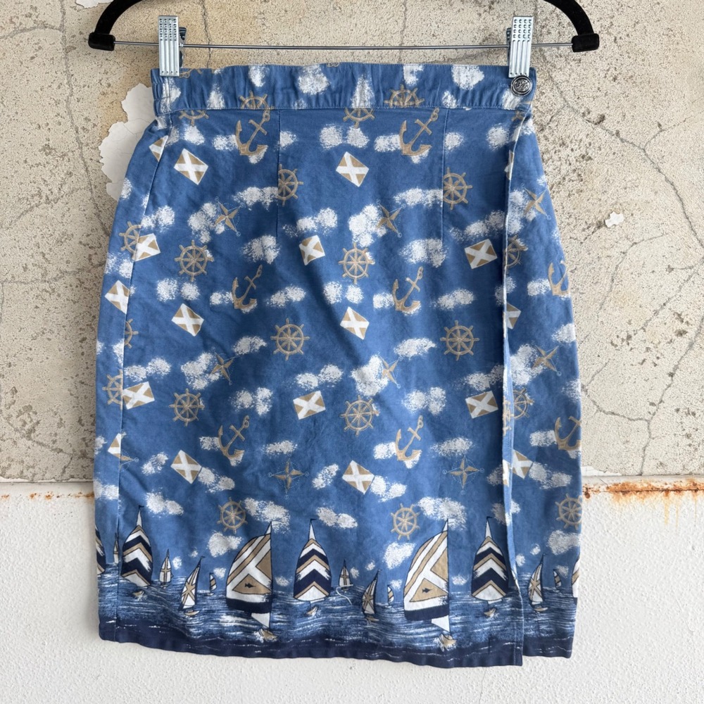 Vtg 90s Wrap Skirt Nautical‎ Sailboat Anchor Coastal Print 100% Rayon S Coastal